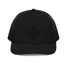 Load image into Gallery viewer, Black on Black Jerusalem Cross Trucker Cap