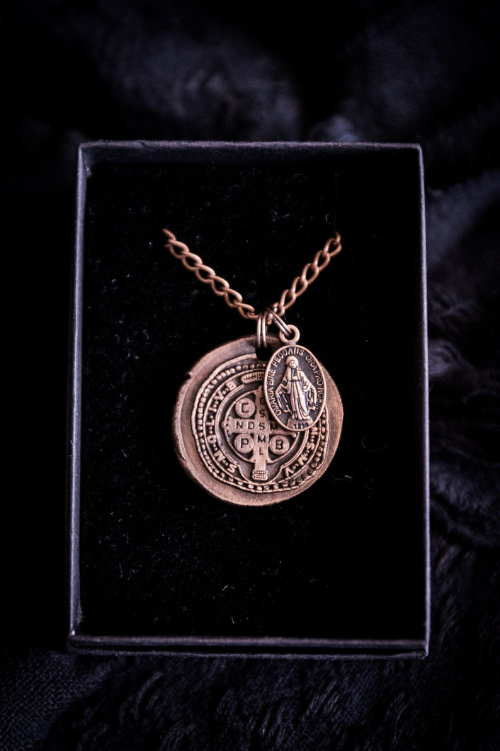 Stacked Ancient Copper St. Benedict & Miraculous Medal - 1