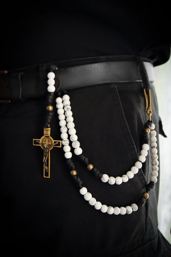 St Benedict Belt Rosary - White Marble Stone and Brass