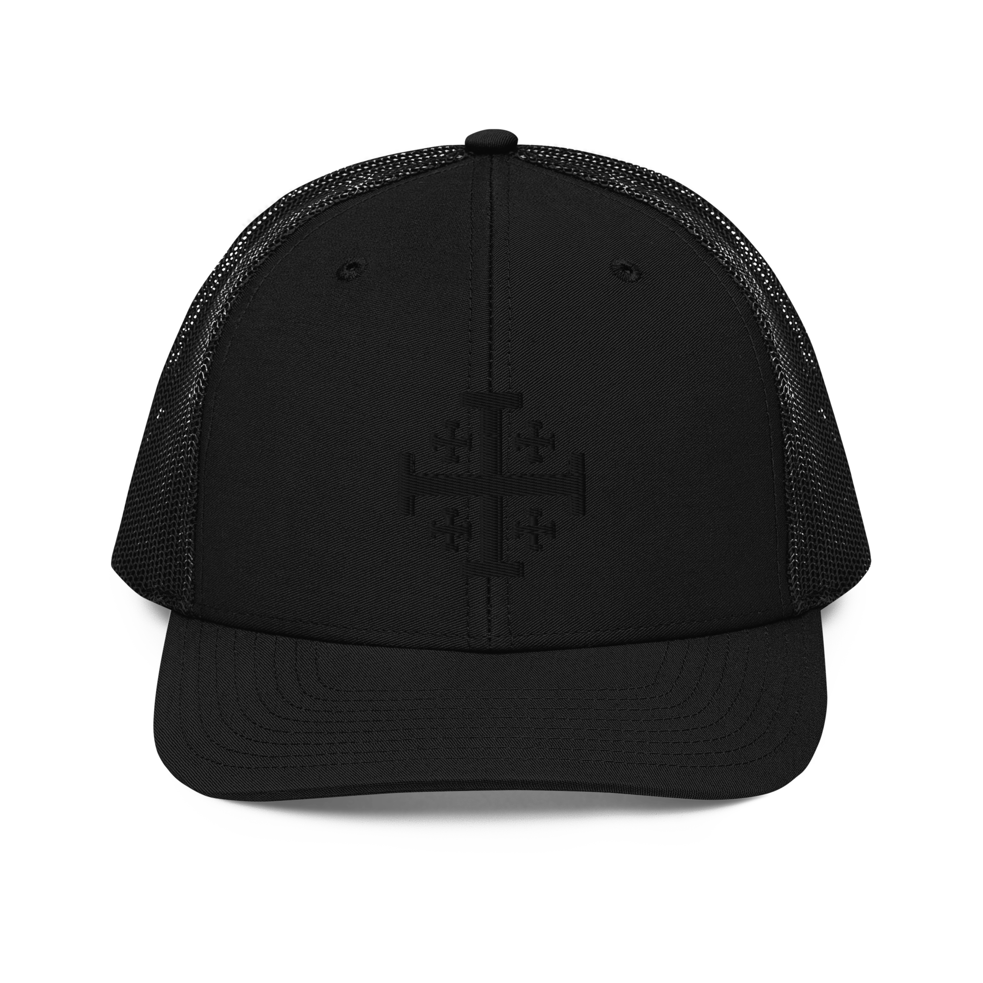 Black on Black Jerusalem Cross Trucker Cap | Sanctus Co.